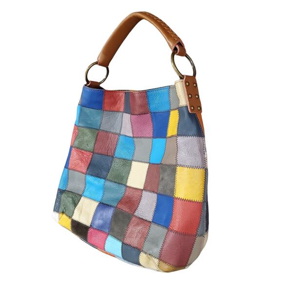 Y2k Rainbow Patchwork Leather & Suede Shoulder Bag - Picture 4 of 8